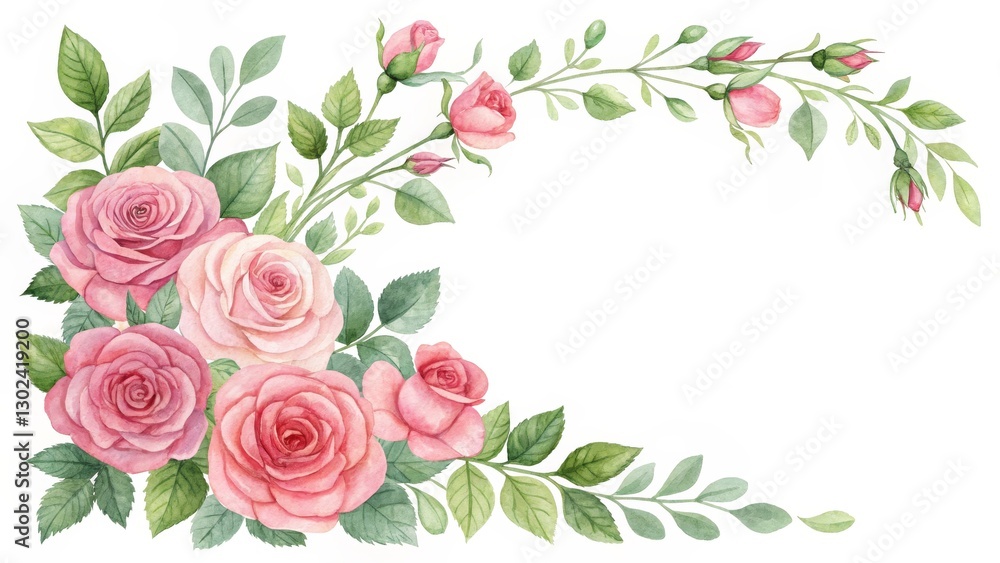 Fototapeta premium Watercolor Pink Roses Corner Border, Isolated on White Background, floral arrangement, botanical illustration Rose, Flowers