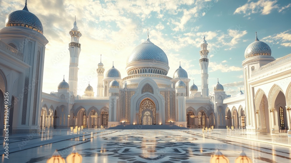 Obraz premium A breathtaking 3D rendering unveils an awe-inspiring mosque, its intricate architecture a testament to Islamic design, adorned with Ramadan lanterns casting an ethereal glow upon its pristine facade.