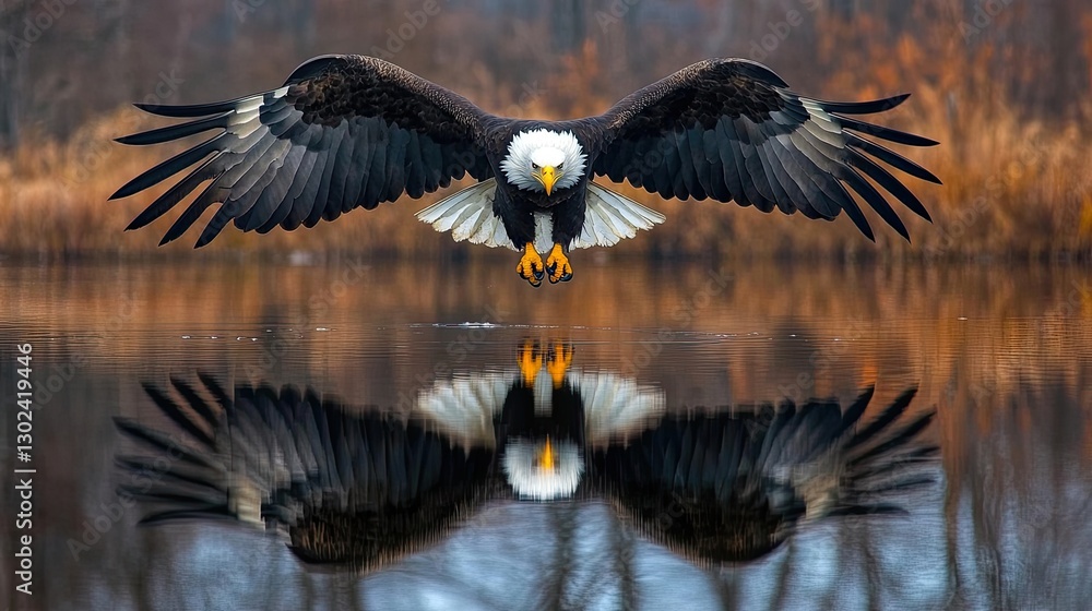 Obraz premium A majestic eagle spreads wings above the reflective water surface