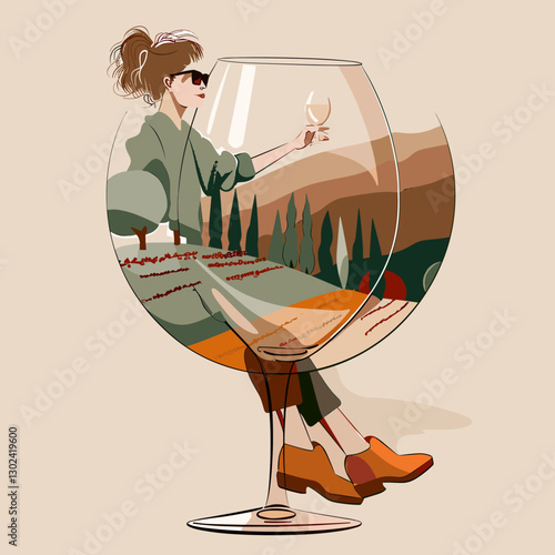 Stylized illustration of a woman holding a wine glass while sitting inside a larger wine glass with a vineyard view