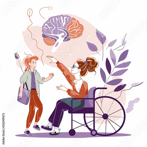 Illustration of a woman in a wheelchair interacting with another person, surrounded by abstract brain and floral elements