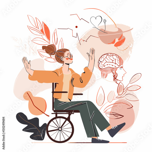 Illustration of a woman in a wheelchair with a joyful expression and abstract elements around her