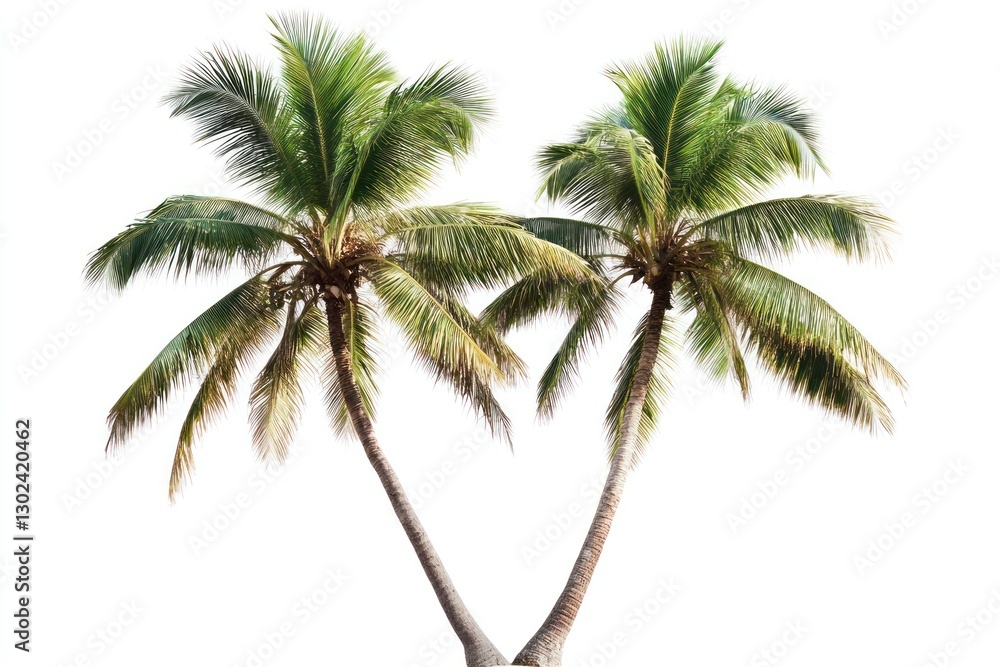 Fototapeta premium Two coconut trees isolated on a white background, cutout icon, no shadow at the bottom of the picture, isolated from the background