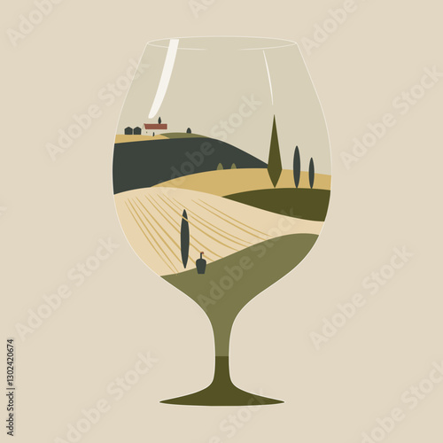 Stylized wine glass filled with an illustration of rolling hills and vineyards on a soft background