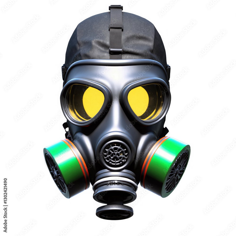 Dark gas mask with yellow lenses and green filter canisters, transparent png, isolated. Dark gas mask with yellow lenses and green filter canisters, transparent png, isolated.
