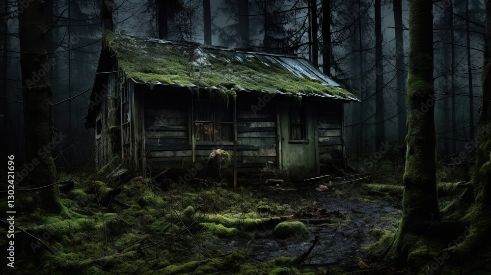 Abandoned Wooden Shack in a Dense, Misty Forest Abandoned Wooden Shack in a Dense, Misty Forest