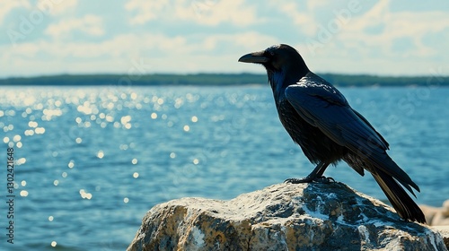 Raven perched on rock by sparkling sea.