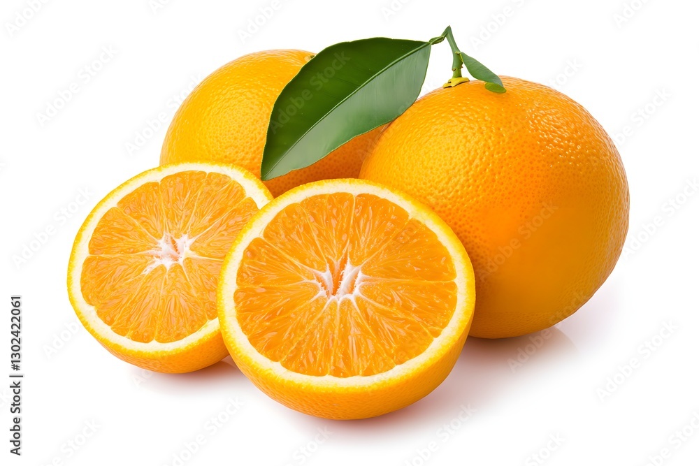 Orange fruit with leaves on white background Orange fruit with leaves on white background