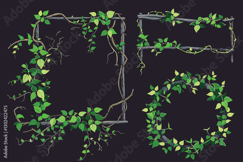 Green climbing ivy creeper branches isolated on white background. Hedera vine frames and borders, botanical design element.