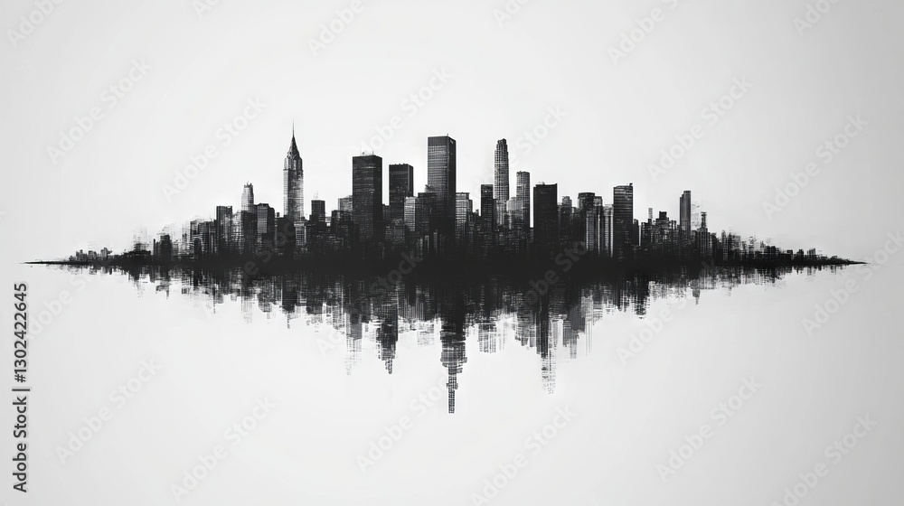 Fototapeta premium The stark, imposing outlines of a dystopian future city loom against a somber, monochromatic background, evoking a sense of mystery and foreboding, while the minimalist architectural designs make a