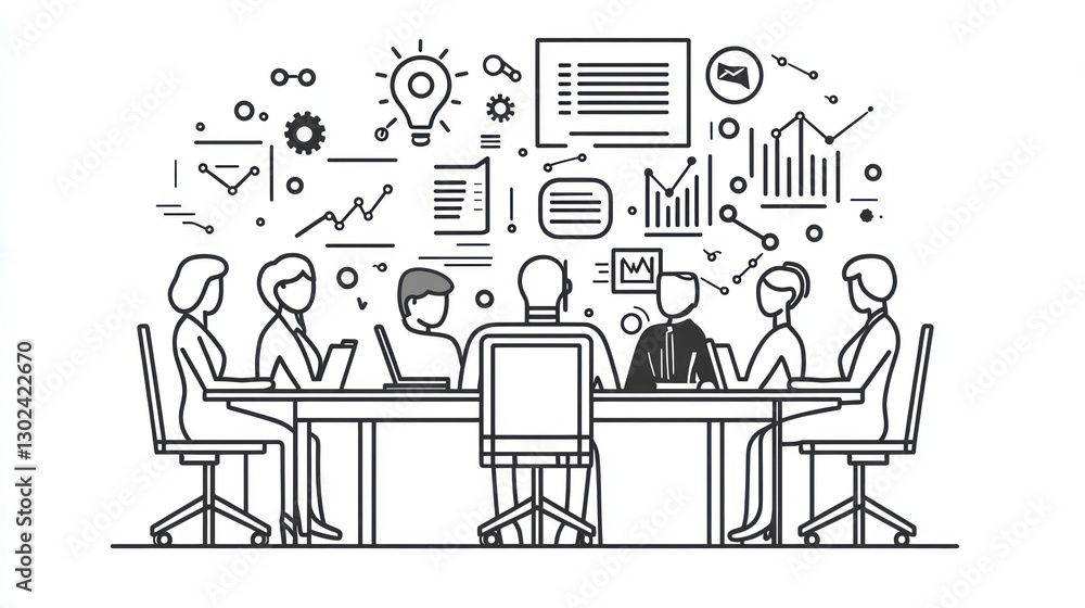 Minimalist line art of business concepts, including meetings, finance, and marketing. Minimalist line art of business concepts, including meetings, finance, and marketing.