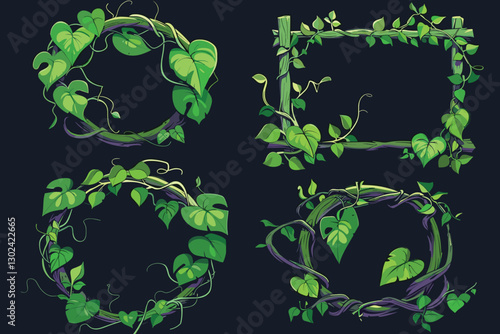 Green climbing ivy creeper branches isolated on white background. Hedera vine frames and borders, botanical design element.