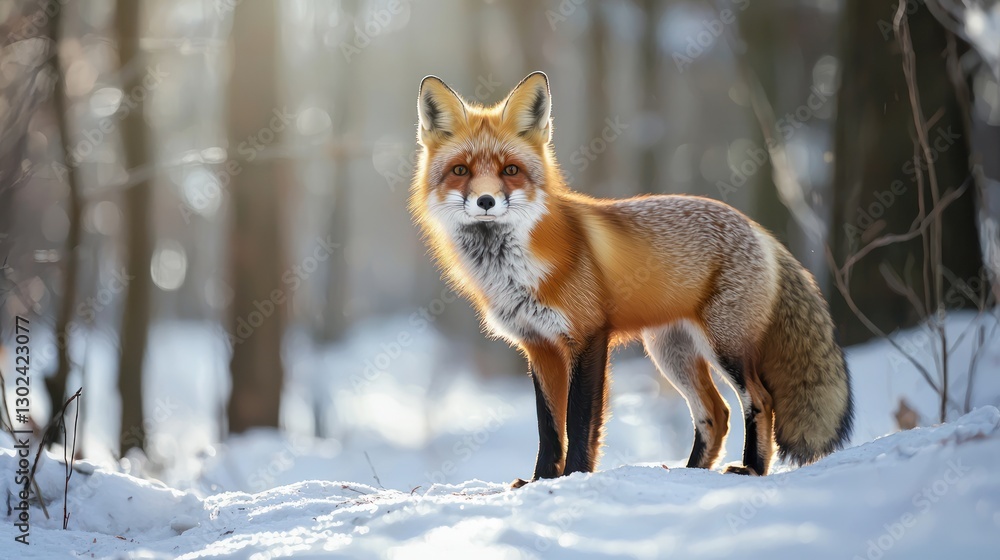 Fototapeta premium A red fox standing in a snowy forest, its thick fur glowing in the sunlight