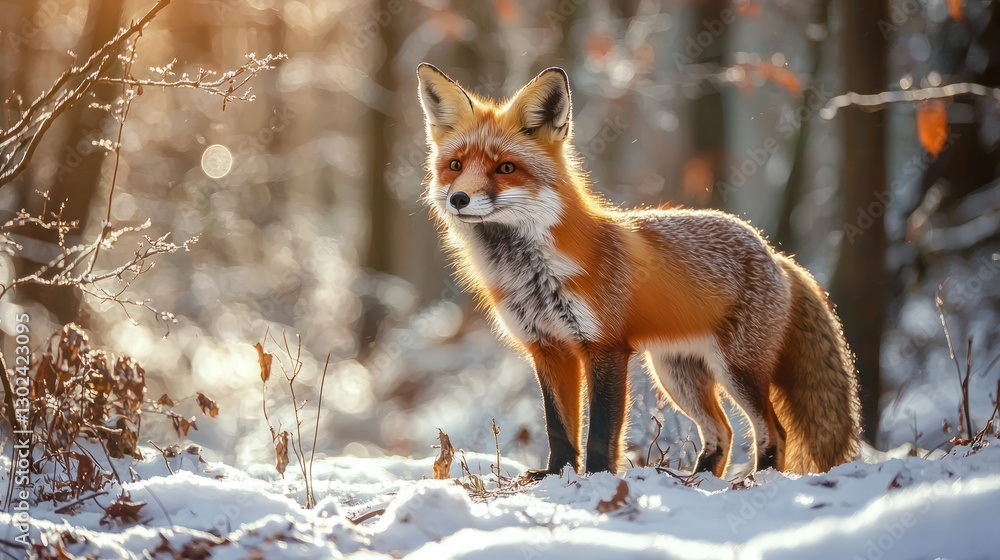 Fototapeta premium A red fox standing in a snowy forest, its thick fur glowing in the sunlight
