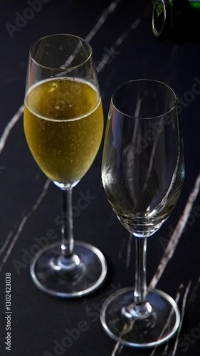 よく冷えたシャンパン（スパークリングワイン）をシャンパン用のフルートグラスに注ぐビデオ素材（縦型）
