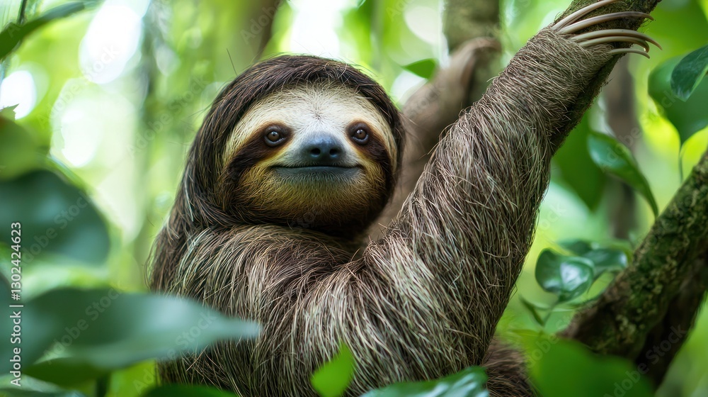 Fototapeta premium A sloth stretching its long arms lazily, surrounded by lush greenery