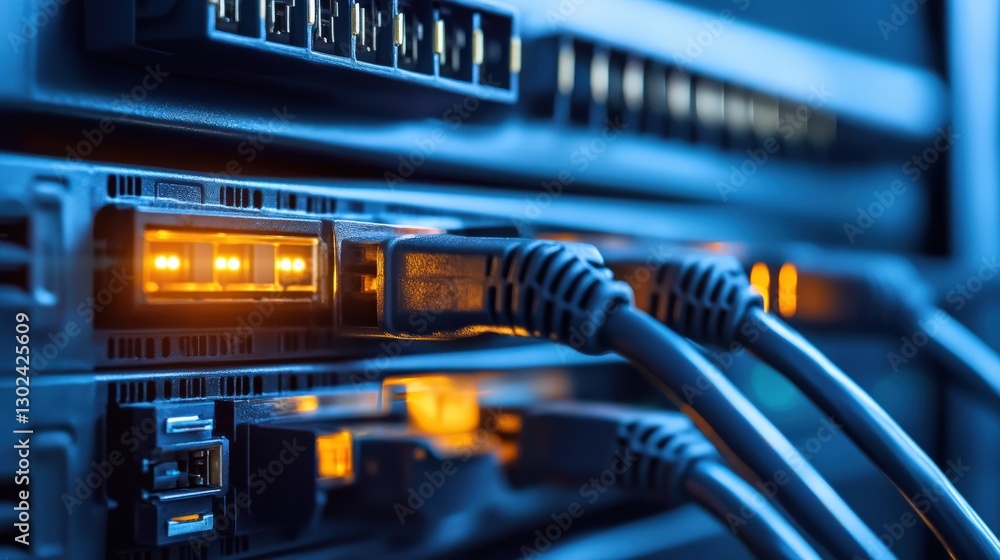 Close-Up View of Server Rack with Network Cables and Glowing LED Indicators