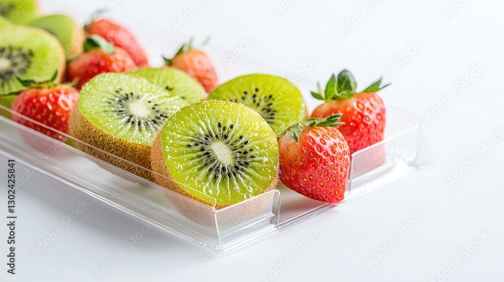 Fresh Kiwi Slices and Juicy Strawberries Displayed on a Transparent Plastic Tray, Perfect for Healthy Snacking and Culinary Presentations to Elevate Your Dessert Table.