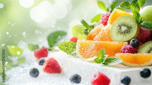 A vibrant assortment of fresh, colorful fruits including strawberries, blueberries, kiwi, orange, and mint, beautifully arranged on a white plate amidst a soft, blurred green background.