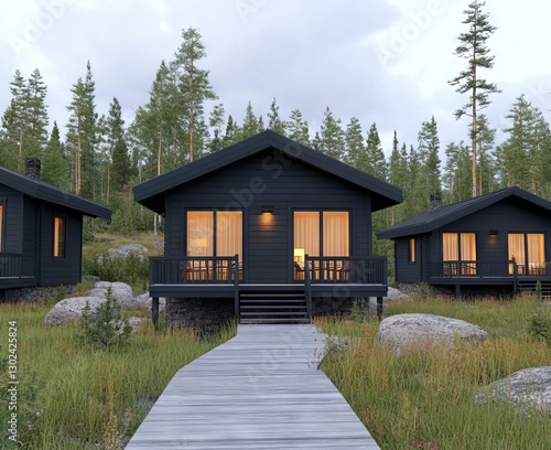 Dark Wooden Cabins on a Lakeside Path at Dusk
