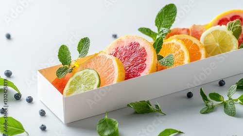 A vibrant arrangement of assorted citrus slices including orange, grapefruit, lemon, lime, and tangerine, accented with fresh green leaves, perfect for a fresh fruit display or healthy recipes.