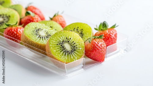 Obraz na płótnie Fresh Kiwi Slices and Juicy Strawberries Displayed on a Transparent Plastic Tray, Perfect for Healthy Snacking and Culinary Presentations to Elevate Your Dessert Table. w salonie