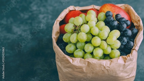 An eco-friendly shopping bag filled with a vibrant assortment of fresh fruits, including juicy green and black grapes colorful apples, perfect for healthy eating and sustainability.