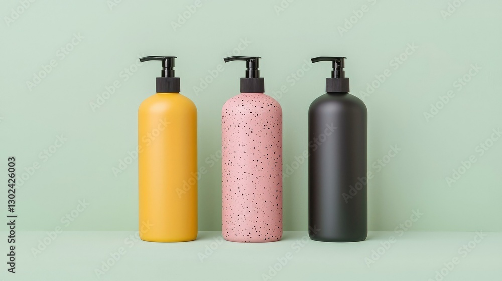 Three stylish and modern pump bottles in yellow, pink, and black colors, arranged on a soft green background, ideal for cosmetic, personal care, or skincare product presentations.