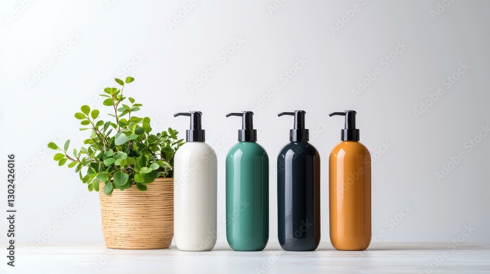 Stylish collection of four aesthetic lotion or shampoo bottles in varying colors alongside a modern planter filled with greenery, showcasing contemporary home decor and personal care items.