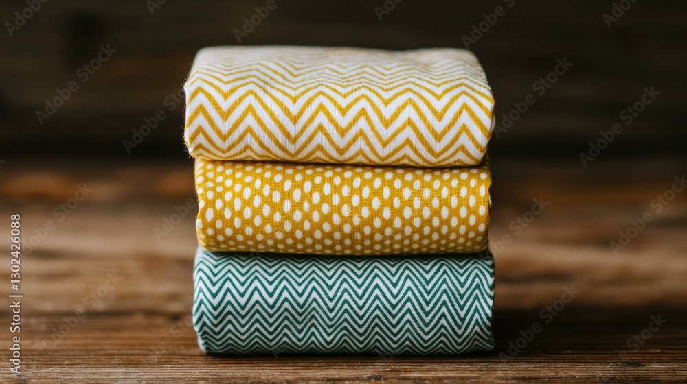 A beautifully arranged stack of textured fabric rolls in muted yellow and teal colors, showcasing elegant patterns against a rustic wooden backdrop, perfect for design and craft projects.