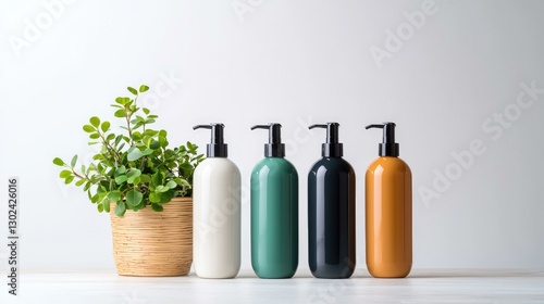Obraz na płótnie Stylish collection of four aesthetic lotion or shampoo bottles in varying colors alongside a modern planter filled with greenery, showcasing contemporary home decor and personal care items. w salonie