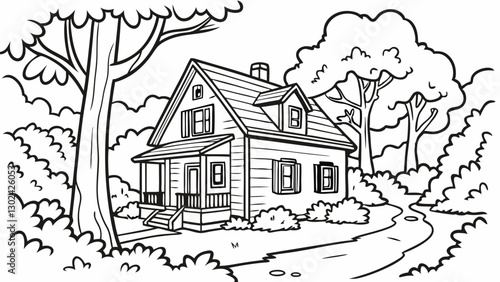 Vector illustration, house in the forest thicket for coloring book, Line Art isolated on white background