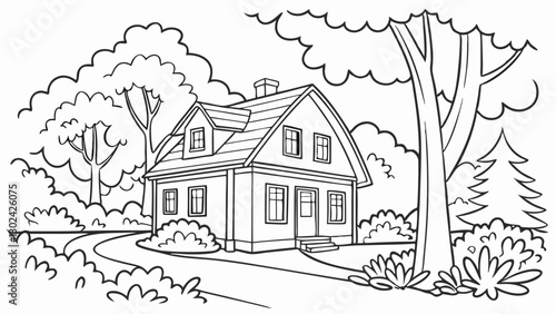 Vector illustration, house in the forest thicket for coloring book, Line Art isolated on white background