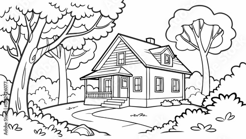 Vector illustration, house in the forest thicket for coloring book, Line Art isolated on white background