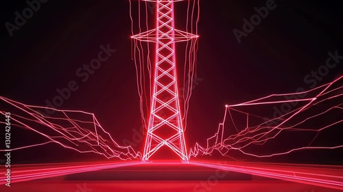 Dynamic Neon Light Structure Futuristic Transmission Tower with Energetic Trails Against Dark Background