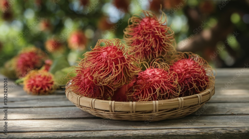 A basket of freshly picked rambutans on a wooden table. In the background, there are blurred greenery and a few more rambutans. A basket of freshly picked rambutans on a wooden table. In the background, there are blurred greenery and a few more rambutans.