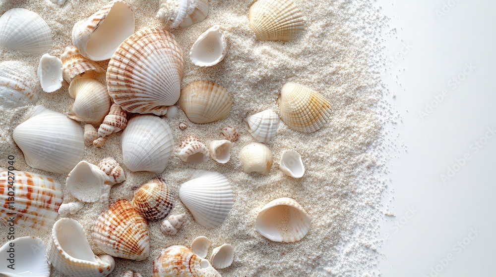 A collection of vibrant seashells arranged in a circular pattern on sun-kissed sand, all delicately facing left, evoking serene ocean memories A collection of vibrant seashells arranged in a circular pattern on sun-kissed sand, all delicately facing left, evoking serene ocean memories