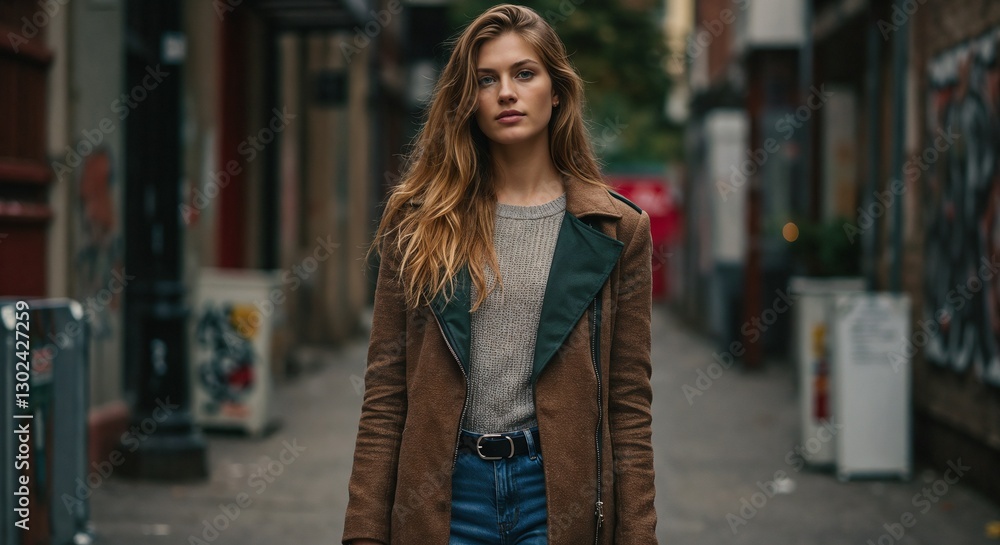 Obraz premium Serious Woman Alleyway in Brown and Grey Against Urban Background