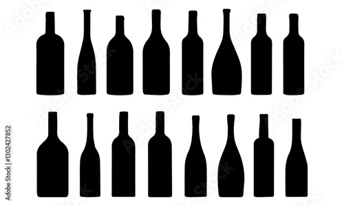 Set of bottles with alcohol. Black silhouette of a vessel for various types of drinks. Black illustration on transparent background