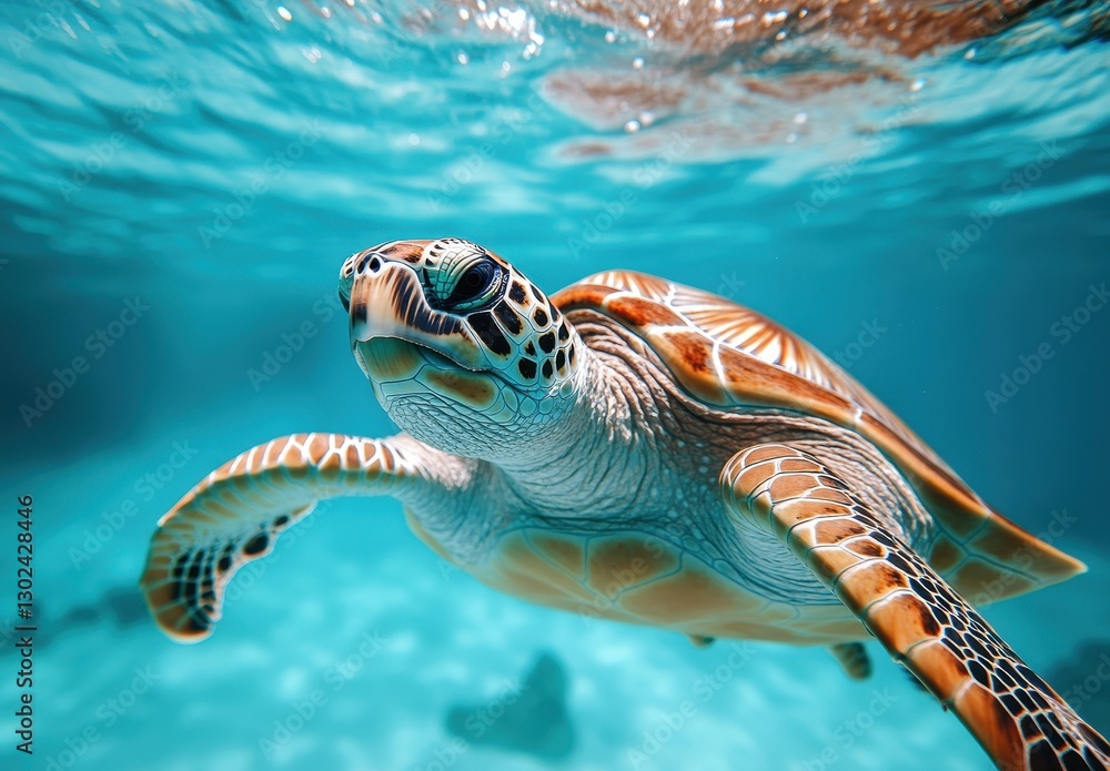 Obraz premium Graceful sea turtle swimming effortlessly in clear turquoise water, showcasing stunning patterns and vibrant colors in a serene underwater environment