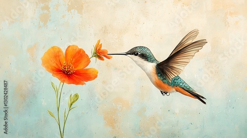Hummingbird and Orange Flower: A Delicate Watercolor Painting of Nature's Beauty
