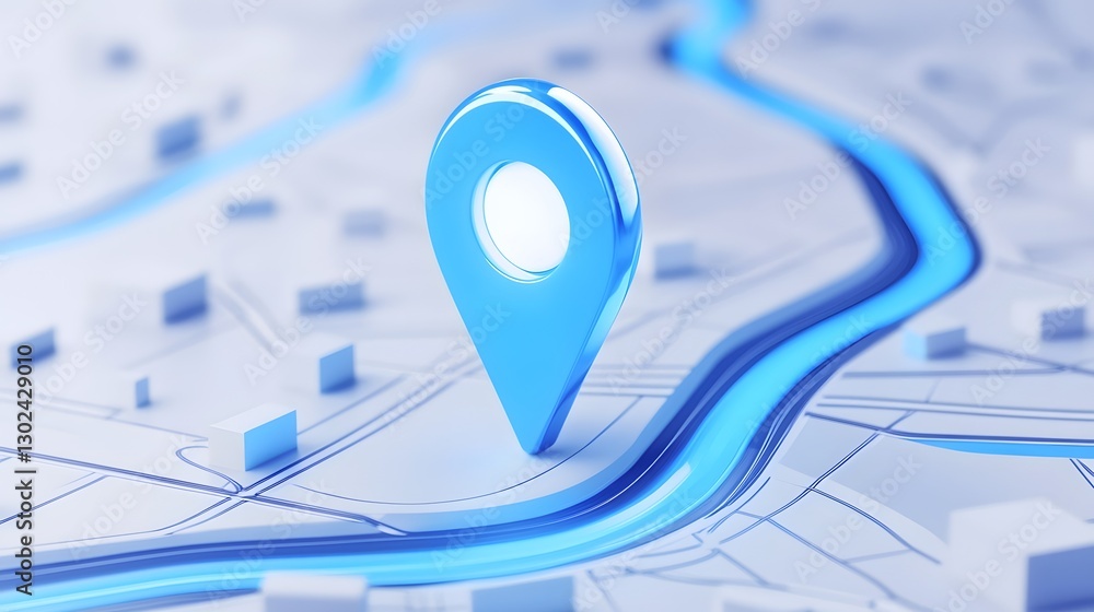 Fototapeta premium Sleek Blue GPS Location Marker Icon on a 3D Rendered Road Map Symbolizing Travel Routes Navigation Points and Destination Tracking for Enhanced Accuracy Wayfinding and Smart Location Services