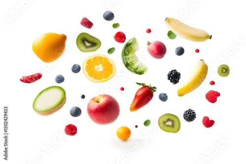 Wallpaper Mural Fresh fruits and vegetables in air on white background Torontodigital.ca