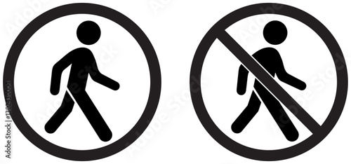 Padestrian allowed and not allowed vector illustration. Pedestrian movement sign design. Outlined pedestrian symbol. Man walking in simple form. Walking symbol with black fill. Vector illustration 
