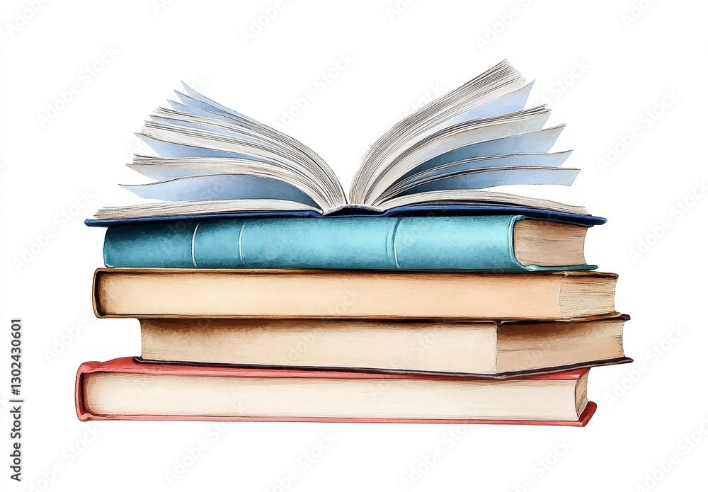 Colorful Stack of Books with Open Pages on White Background Colorful Stack of Books with Open Pages on White Background