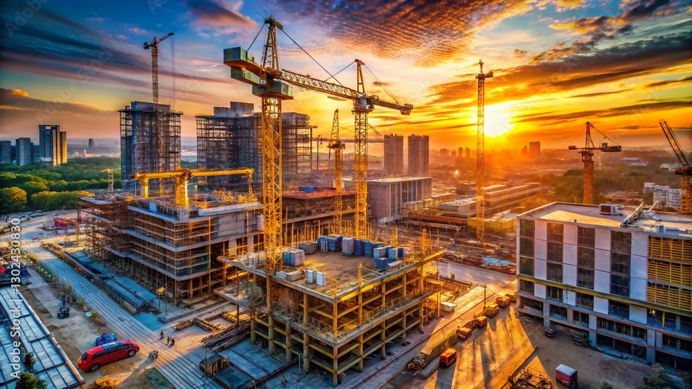 Construction Dawn: Engineers & Cranes at Sunrise - Early Morning Building Project