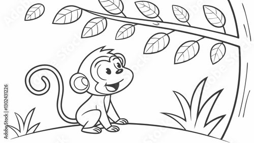 Vector No Fill. Cartoon funny Monkey in the forest, Line Art isolated on white background