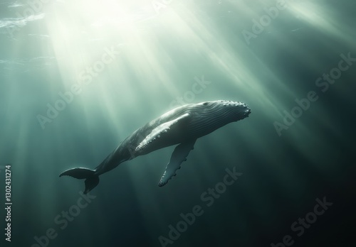 Majestic Humpback Whale Gliding Through Sunlit Waters in Serene Ocean Deep Beneath Gentle Waves Amidst Rays of Light