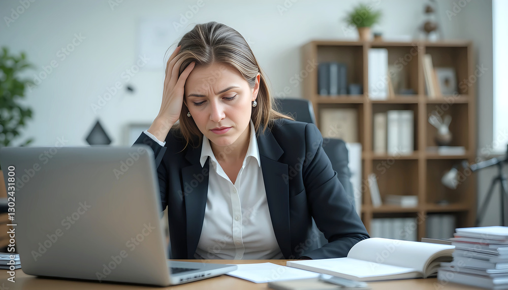 Fototapeta premium A stressed middle-aged businesswoman holding her forehead in frustration, showing exhaustion and concern as she stares at her laptop in a modern office setting.