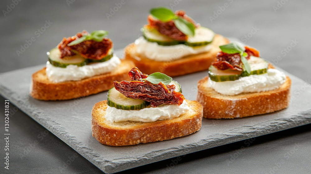 Enjoying bruschetta with vibrant toppings in a chic dining setting, focusing on detailed bread texture Enjoying bruschetta with vibrant toppings in a chic dining setting, focusing on detailed bread texture